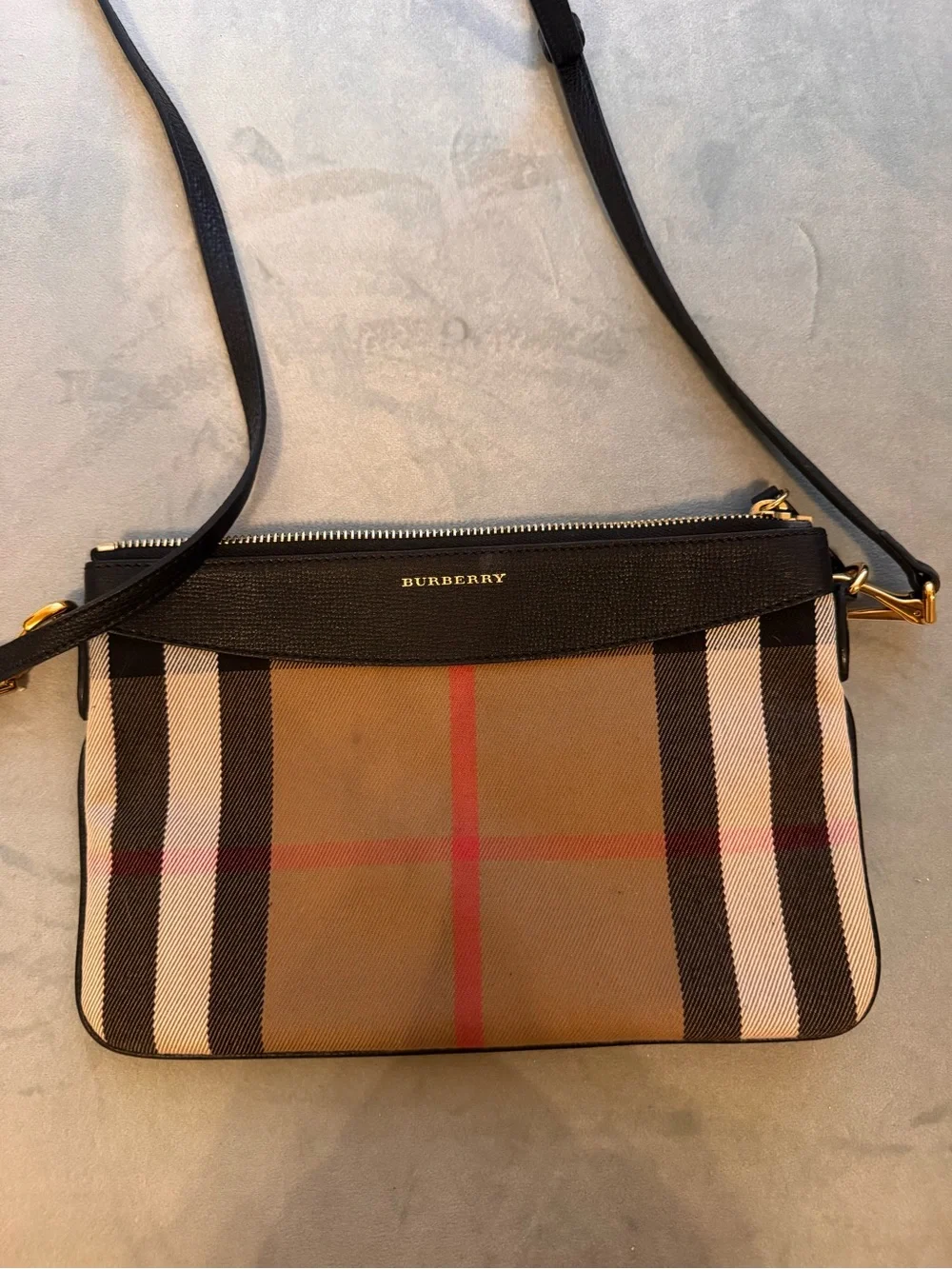 Burberry Tan Check Crossbody with Black Trim and Red Stripe